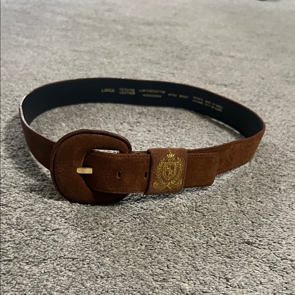 Liz Claiborne Accessories - Vintage Liz Claiborne Brown Suede Leather Belt Large | Gold Crest